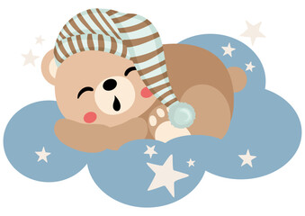 Cute teddy bear sleeping on blue cloud