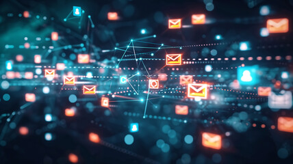 Digital representation of a networked communication system featuring email icons and data connections in a vibrant visual.
