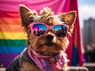 the Pride Month and a yorkshire terrier york dog wearing a fancy pink sunglasses, the LGBTQ flag with rainbow colors is visible in the background with a big city view