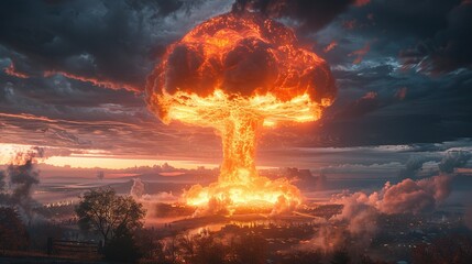 Devastating nuclear explosion forms a mushroom cloud, depicting a catastrophic event