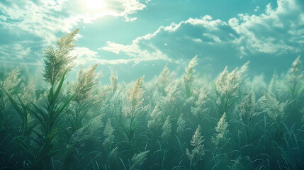 A field of tall grass with a bright blue sky in the background