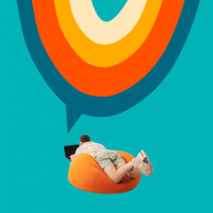 Poster. Contemporary art collage. Man reclines comfortably on orange beanbag and studying, working using laptop with giant speech bubble above. Concept of business, creative office, co-working. Ad