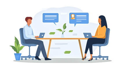 Illustration of a professional business meeting between a man and a woman using laptops and digital communication tools.
