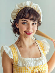 A smiling pin-up girl holding a duster in hand, in maid dress 50s style