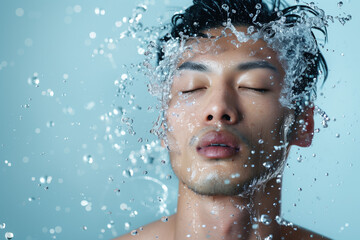 水を浴びるアジア人男性、美容イメージ