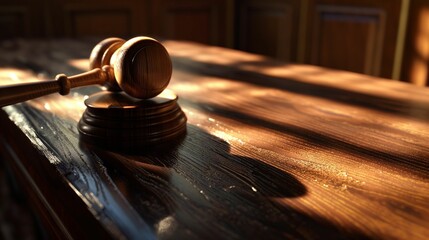 Wooden gavel on courtroom table with warm sunlight.