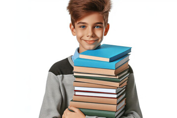 boy with a stack of books on a white background