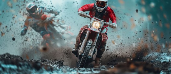 Low angle shot of motocross racer on muddy terrain