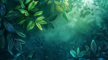 Magical green vegetation with dew drops on the leaves, fog and light dust particles creating a mystical atmosphere Green background with copy space for text.