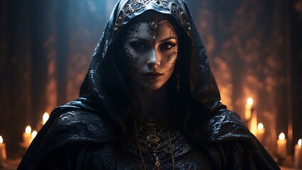 A vintage-style portrait of a woman with a burning candle, her face illuminated in the warm glow