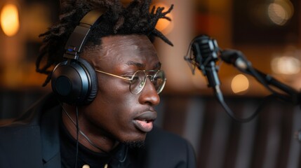 Medium close up shot of young Black man wearing headphones and eyeglasses speaking and adjusting microphone stand during live podcast