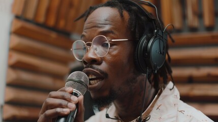Medium close up shot of young Black man wearing headphones and eyeglasses speaking and adjusting microphone stand during live podcast
