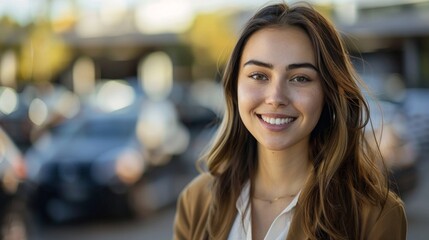 Portrait of a businesswoman on parking on city street.