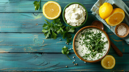 Bowl with ingredients for okroshka lemon kvass 