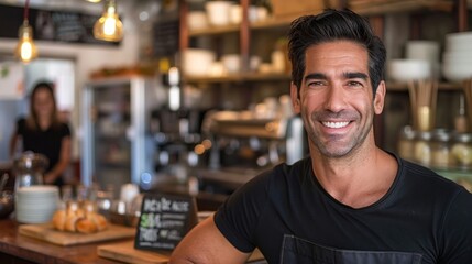 A confident man in a black t-shirt smiles warmly in a cafe, emanating casual professionalism.