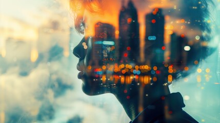 Futuristic double exposure of a young entrepreneur with a vibrant cityscape