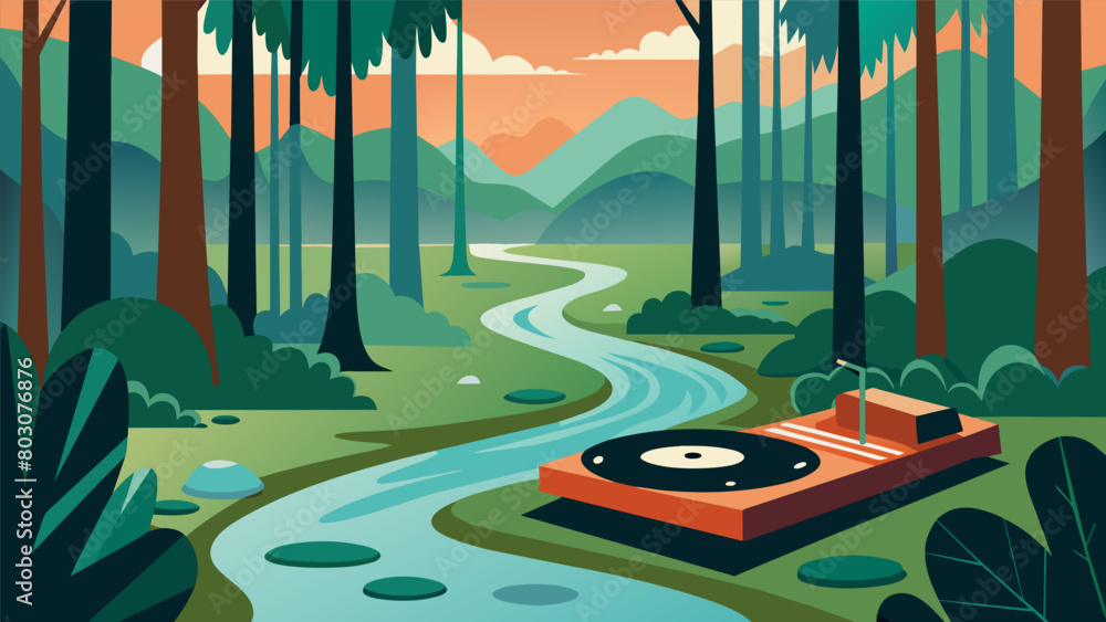 Poster a stream winds its way through a dense forest with a portable record player set up on its banks prov