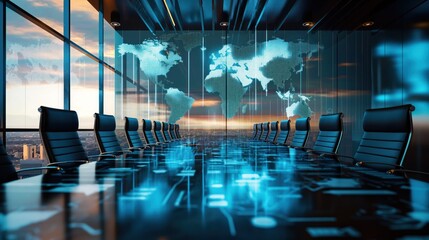 A conference room scene superimposed with a global map - obrazy, fototapety, plakaty