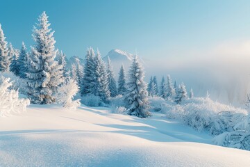Crisp Winter Morning in Snowy Alpine Forest, Frost-Covered Trees, Serene Snowscape, Blue Sky, Mountain Backdrop