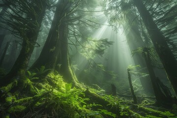 Mystical Sunbeams in Foggy Forest, Ancient Trees, Lush Greenery, Ethereal Morning Light, Nature’s Tranquility