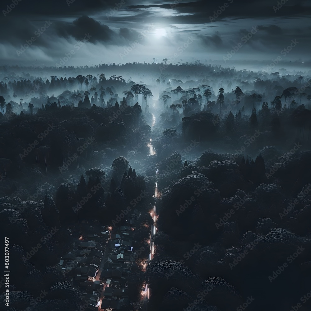 Poster fantasy landscape with foggy forest at night. 3d rendering generated by ai