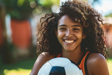 Naklejka premium Happy woman with soccer ball
