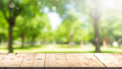 Nature background, Wood table for food and product display over blur green tree garden, Blur park nature outdoor and wood table with bokeh light background in spring and summer - Powered by Adobe