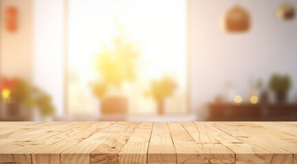 Wooden board empty table background. defocussed sunny room interior