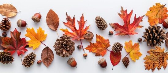 Autumn arrangement featuring a border created with fall leaves, acorns, and pine cones against a white backdrop. Presented in a flat lay style with a top-down view and space for text.