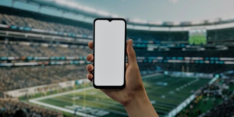 Hand with smartphone at football stadium, perfect for betting, live-stream apps