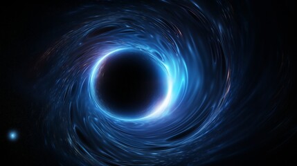 A black hole with blue hues around it in space isolated on black background