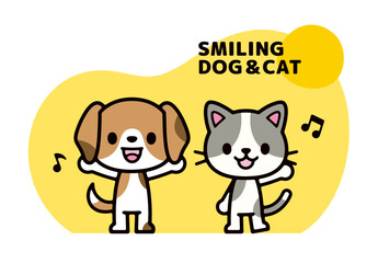 illustration of dog and cat characters smiling and waving