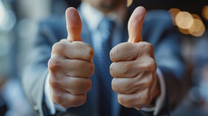 Blurry background with close-up shot of businessman's hands giving two thumbs up, indicating approval or success