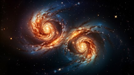 Two spiral galaxies orbiting each other, outer space