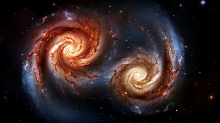 Two spiral galaxies orbiting each other, outer space