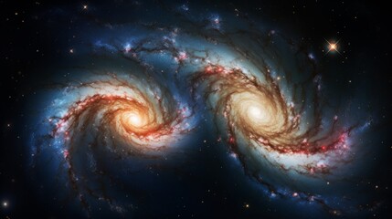 Two spiral galaxies orbiting each other, outer space