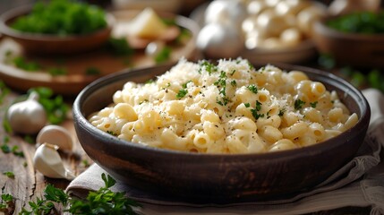 a bowl of creamy garlic pasta, beautifully centered with the creamy texture detailed and appetizing.