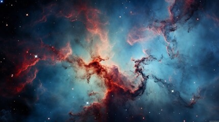 A nebula in outer space with blue and red hues