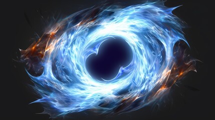 A black hole with white and blue flames in space