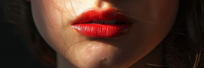 A detailed image capturing the seductive allure of glossy red lips partly cast in shadow, highlighting their texture