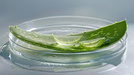 Sliced leaf of aloe vera in a petri dish close up. Cosmetic laboratory.