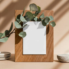 Canvas mockup in minimalist interior background with armchair and rustic decor.Front view. 3d rendering
