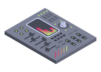 Isometric control panel spaceship with slider, controllers, buttons. 3d dashboard on white background. Aircraft toggle switches panel vector illustration