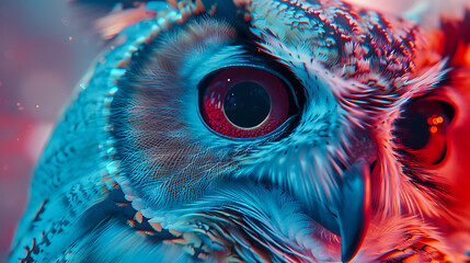 Holographic Enchantment: Transparent Owl Closeup - Macro Special SFX Photography with Neon Lights, Elegant Colors, and Insane Details in Volumetric Lighting
