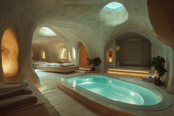 An atmospheric underground spa with a serene pool, ambient lighting, and natural cave architecture inviting relaxation and tranquility