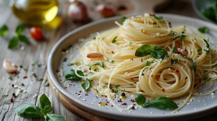 a simple yet elegant plate of angel hair pasta with olive oil and garlic, centered with fine detail.