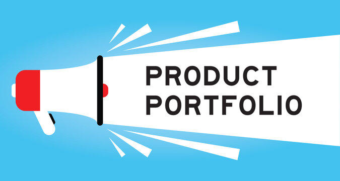 Color megaphone icon with word product portfolio in white banner on blue background