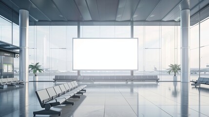 Modern airport terminal with large blank billboard, rows of seating, and floor-to-ceiling windows.