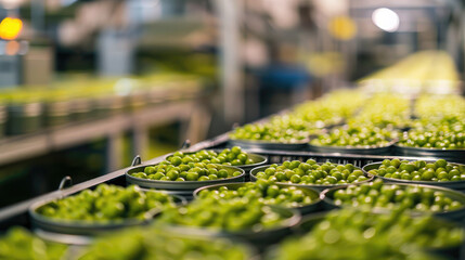 Production of canned peas at the factory.