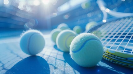 Close up of tennis rackets and tennis balls lying on tennis court. sport, tennis and activity.